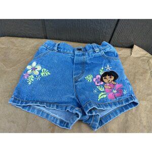 Dora The Explorer Girls Denim Shorts 2006 Floral Embroidery Nick Jr 2T Kids
